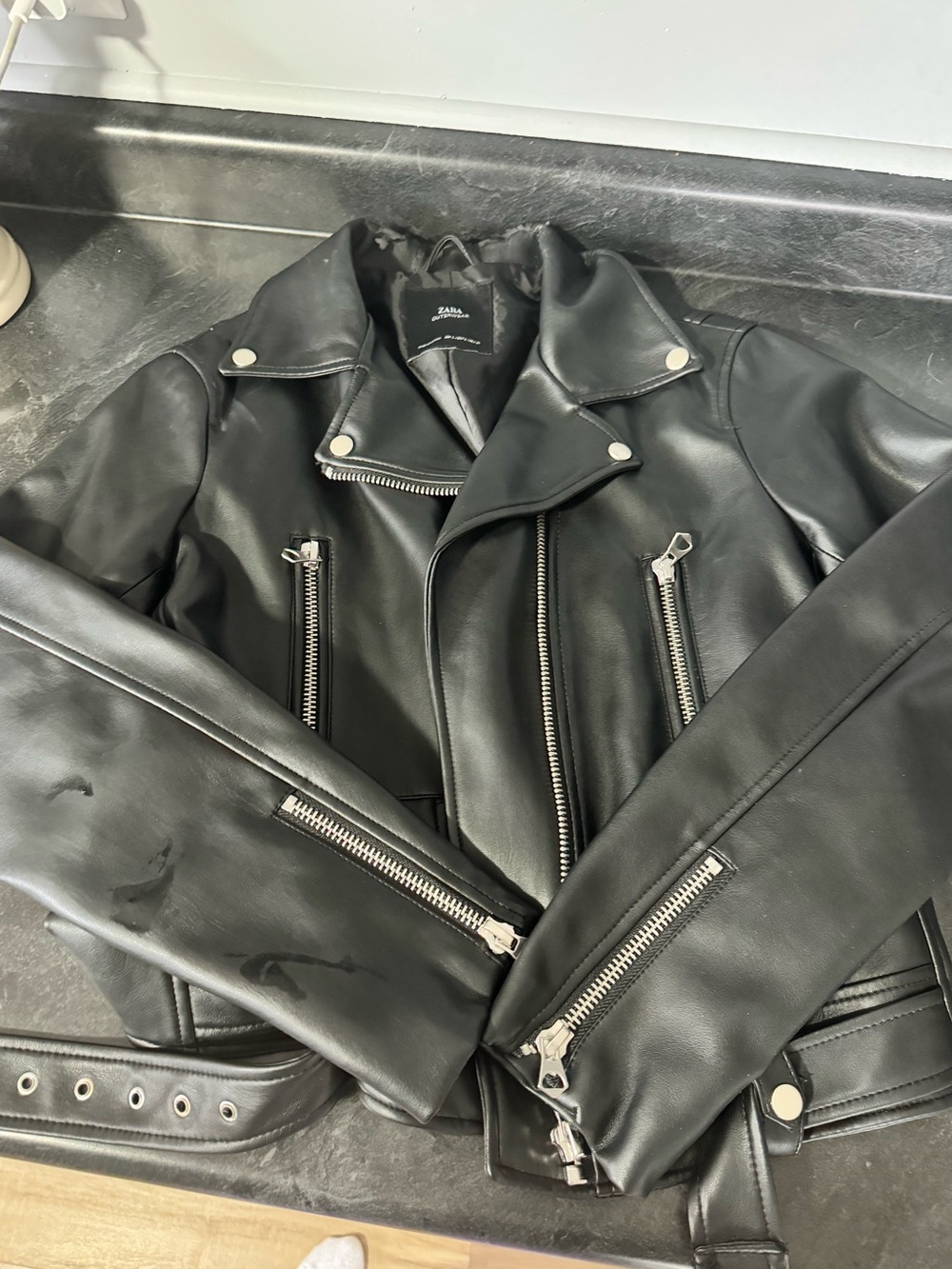 Zara Black Faux Leather Bomber-Style Moto Jacket